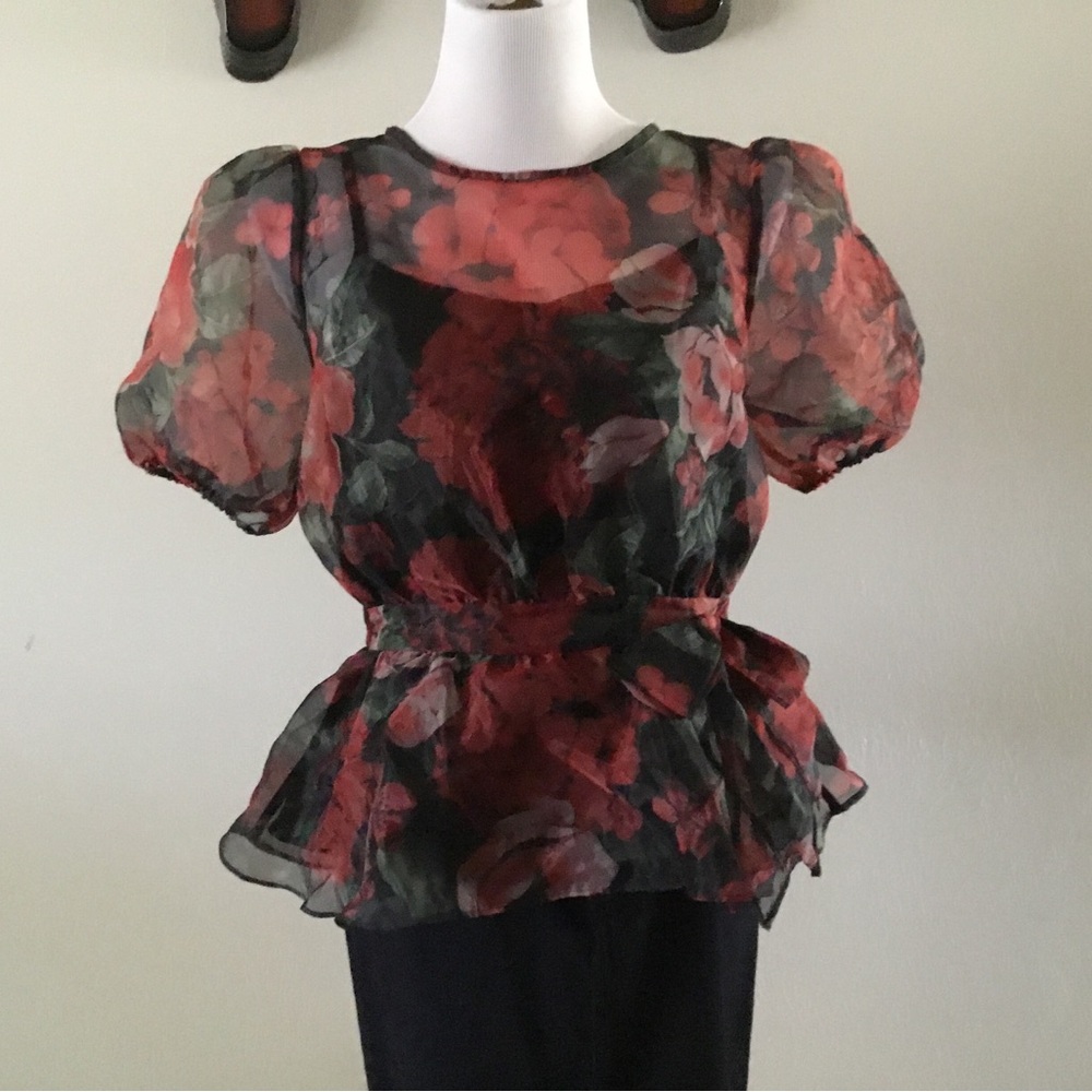 HP-BLASHE EXQUISITE FLORAL SHEER TAFFETA TOP WITH SHELL SEWN INSIDE/RUFFLE & BOW